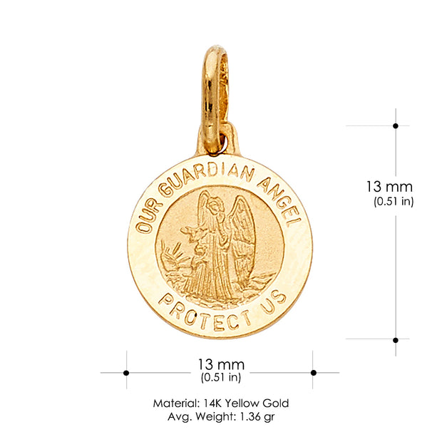 14K Gold Our Guardian Angel Protect Us Pendant with 1.2mm Flat Open Wheat Chain