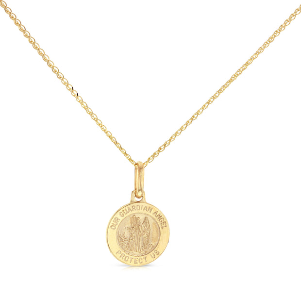 14K Gold Our Guardian Angel Protect Us Pendant with 1.2mm Flat Open Wheat Chain