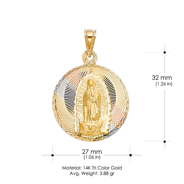 14K Gold Diamond Cut Guadalupe Stamp Religious Charm Pendant with 1.2mm Box Chain Necklace