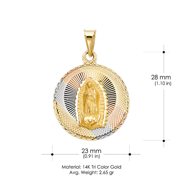 14K Gold Diamond Cut Guadalupe Stamp Religious Charm Pendant with 1.2mm Box Chain Necklace