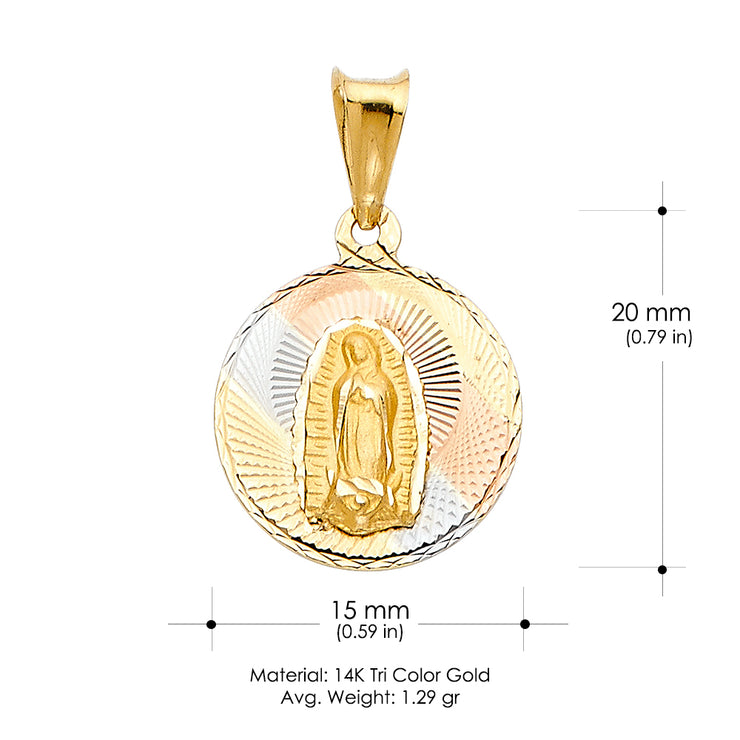14K Gold Diamond Cut Guadalupe Stamp Religious Charm Pendant with 0.8mm Box Chain Necklace