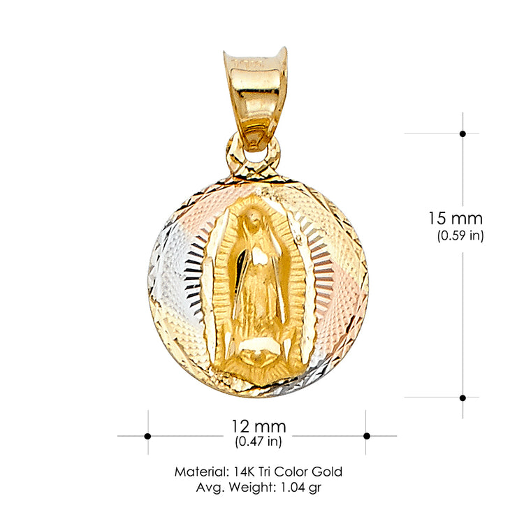 14K Gold Guadalupe Stamp Pendant with 2mm Hollow Cuban Bevel Chain