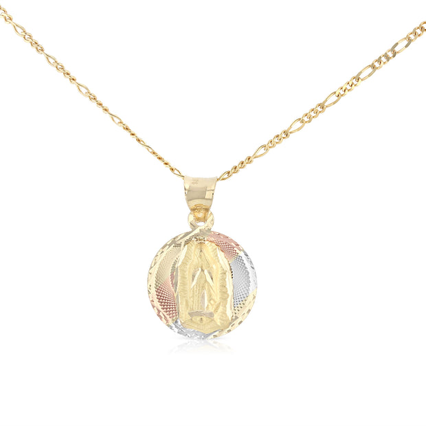14K Gold Guadalupe Stamp Pendant with 1.6mm Figaro 3+1 Chain