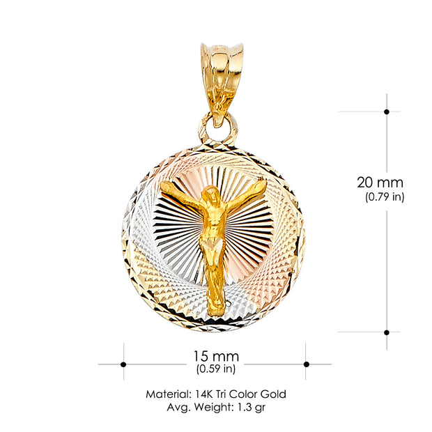 14K Gold Diamond Cut Jesus Stamp Religious Charm Pendant with 0.8mm Box Chain Necklace