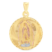 14K Gold Diamond Cut Guadalupe Stamp Religious Charm Pendant with 1.2mm Box Chain Necklace