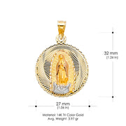 14K Gold Diamond Cut Guadalupe Stamp Charm Pendant with 1.4mm Round Wheat Chain Necklace