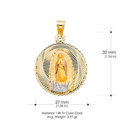 14K Gold Diamond Cut Guadalupe Stamp Religious Charm Pendant with 1.2mm Box Chain Necklace