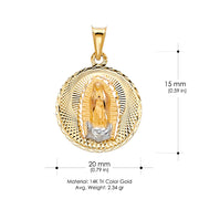 14K Gold Diamond Cut Guadalupe Stamp Religious Charm Pendant with 1.2mm Box Chain Necklace