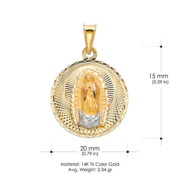 14K Gold Diamond Cut Guadalupe Stamp Religious Charm Pendant with 1.2mm Box Chain Necklace