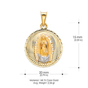 14K Gold Diamond Cut Guadalupe Stamp Charm Pendant with 1.1mm Wheat Chain Necklace