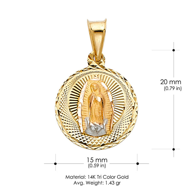 14K Gold Diamond Cut Guadalupe Stamp Charm Pendant with 1.1mm Wheat Chain Necklace