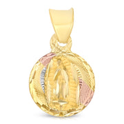 14K Gold Diamond Cut Guadalupe Stamp Religious Charm Pendant with 0.6mm Box Chain Necklace