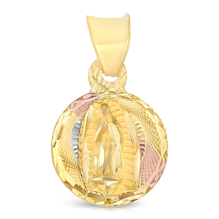 14K Gold Diamond Cut Guadalupe Stamp Charm Pendant with 0.9mm Wheat Chain Necklace