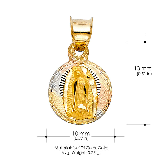 14K Gold Diamond Cut Guadalupe Stamp Religious Charm Pendant with 0.6mm Box Chain Necklace