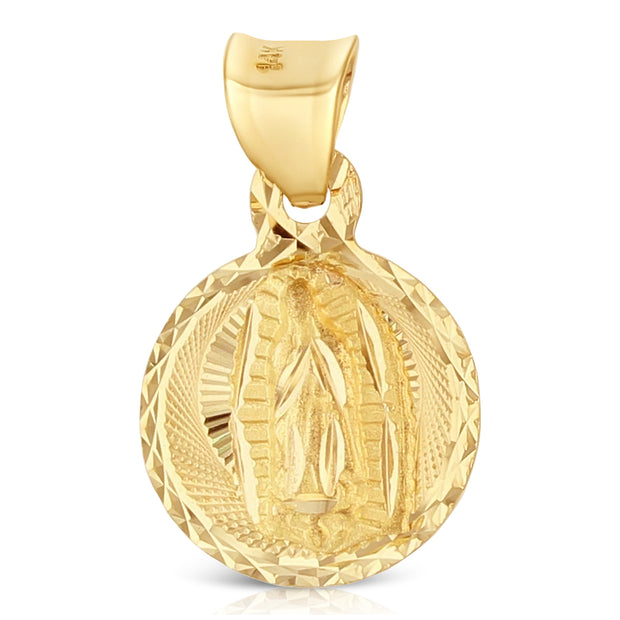 14K Gold Diamond Cut Guadalupe Stamp Charm Pendant with 0.9mm Wheat Chain Necklace