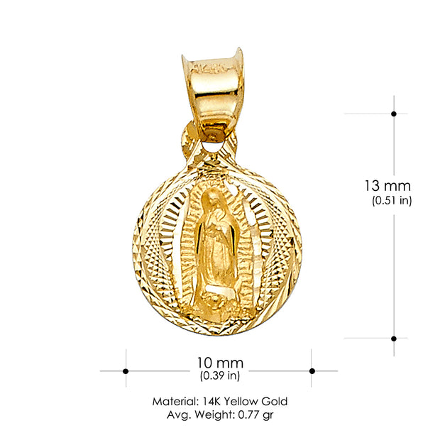 14K Gold Diamond Cut Guadalupe Stamp Pendant with 1.2mm Flat Open Wheat Chain