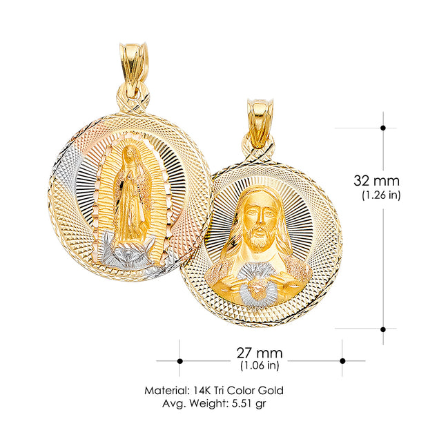 14K Gold Diamond Cut Double Side Stamp Virgin Mary & Jesus Religious Charm Pendant with 1.2mm Box Chain Necklace