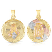 14K Gold Diamond Cut Double Side Stamp Virgin Mary & Jesus Religious Charm Pendant with 1.2mm Box Chain Necklace