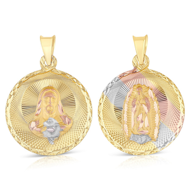 14K Gold Double Side Stamp Virgin Mary & Jesus Pendant with 2.6mm Valentino Star Chain