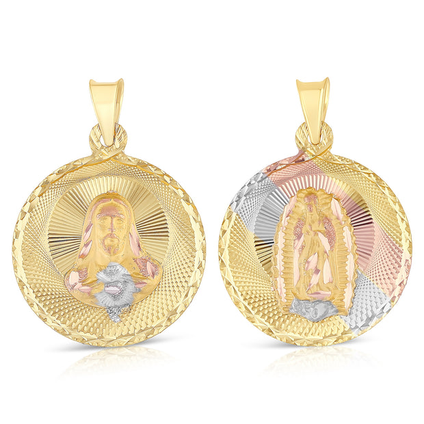 14K Gold Diamond Cut Double Side Stamp Virgin Mary & Jesus Charm Pendant with 1.4mm Round Wheat Chain Necklace