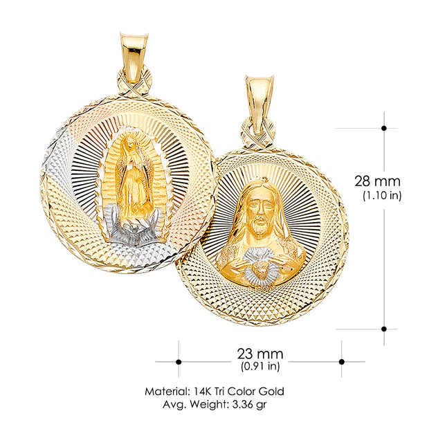 14K Gold Double Side Stamp Virgin Mary & Jesus Pendant with 2.6mm Valentino Star Chain