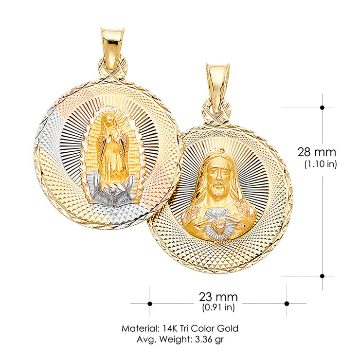 14K Gold Diamond Cut Double Side Stamp Virgin Mary & Jesus Charm Pendant with 1.4mm Round Wheat Chain Necklace