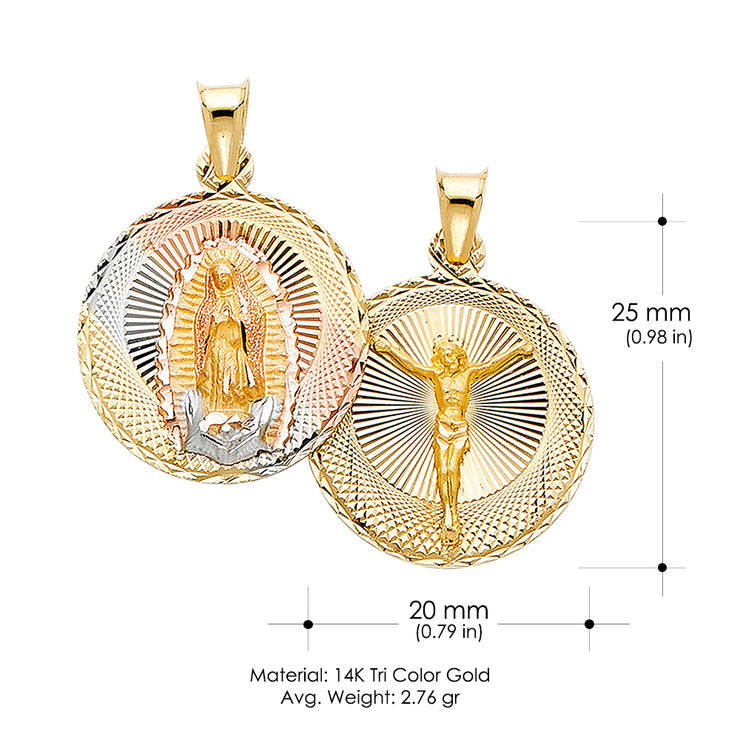 14K Gold Diamond Cut Double Side Stamp Virgin Mary & Jesus Religious Pendant