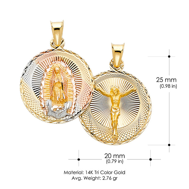 14K Gold Diamond Cut Double Side Stamp Virgin Mary & Jesus Charm Pendant with 1.4mm Round Wheat Chain Necklace