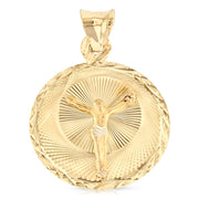 14K Gold Diamond Cut Double Side Stamp Virgin Mary & Jesus Charm Pendant with 1.4mm Round Wheat Chain Necklace