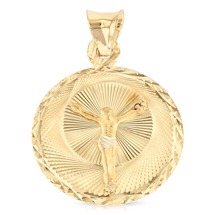 14K Gold Diamond Cut Double Side Stamp Virgin Mary & Jesus Charm Pendant with 1.4mm Round Wheat Chain Necklace