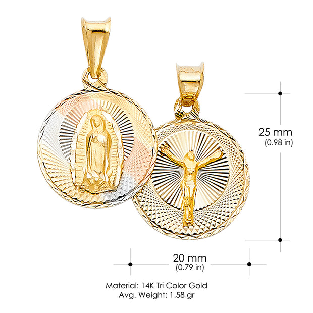 14K Gold Double Side Stamp Virgin Mary & Jesus Pendant with 2.3mm Hollow Cuban Chain