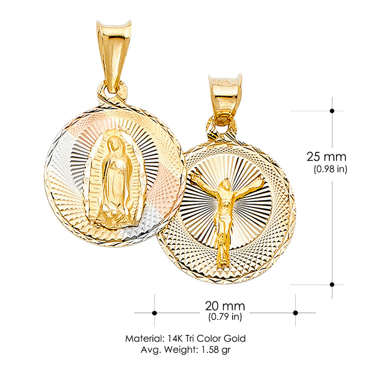 14K Gold Diamond Cut Double Side Stamp Virgin Mary & Jesus Charm Pendant with 1.4mm Round Wheat Chain Necklace