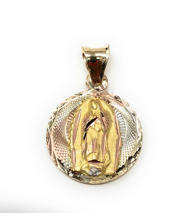 14K Gold Double Side Stamp Virgin Mary Baptism Pendant with 2mm Figaro 3+1 Chain