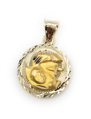 14K Gold Diamond Cut Double Side Stamp Virgin Mary Baptism Charm Pendant with 1.1mm Wheat Chain Necklace