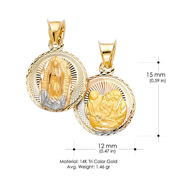 14K Gold Diamond Cut Double Side Stamp Virgin Mary Baptism Religious Charm Pendant with 0.8mm Box Chain Necklace
