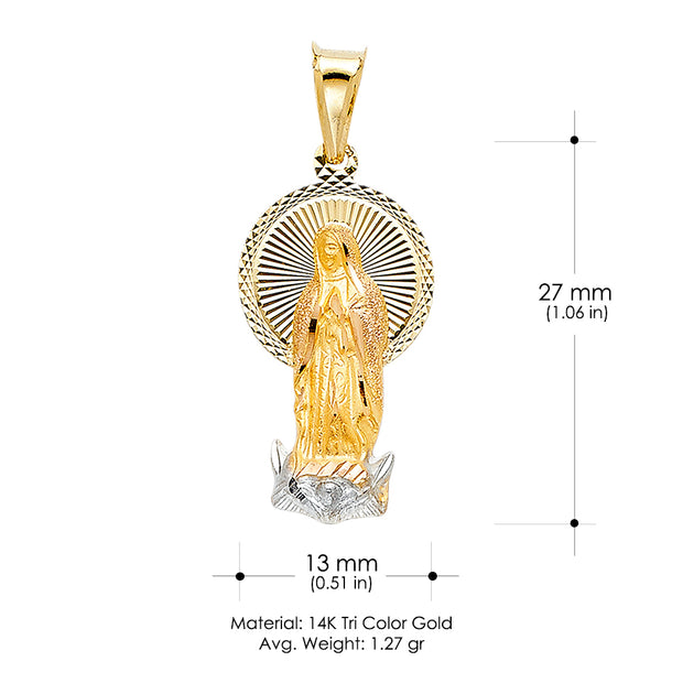 14K Gold Diamond Cut Guadalupe Stamp Religious Charm Pendant with 0.8mm Box Chain Necklace