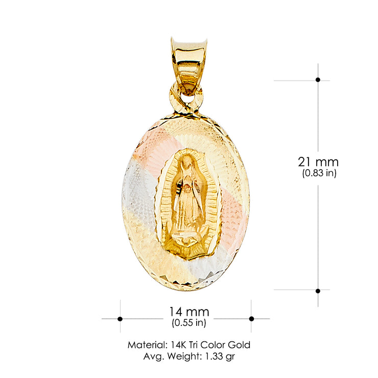 14K Gold Diamond Cut Guadalupe Stamp Religious Charm Pendant with 0.8mm Box Chain Necklace