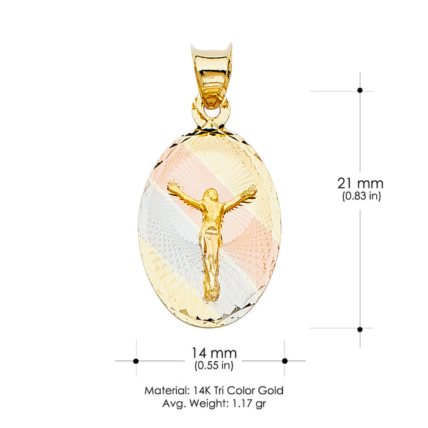 14K Gold Diamond Cut Jesus Crucifix Stamp Charm Pendant with 1.1mm Wheat Chain Necklace