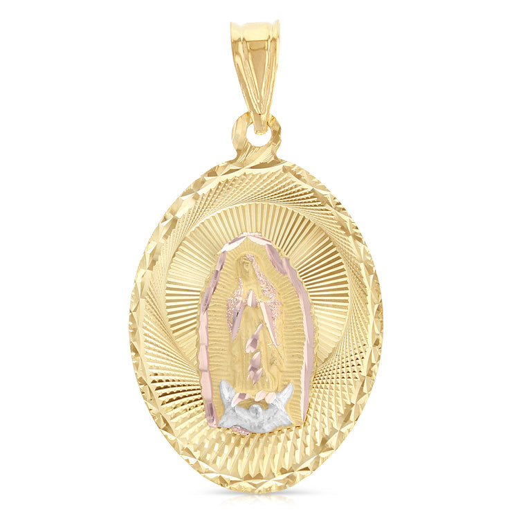 14K Gold Diamond Cut Guadalupe Stamp Charm Pendant with 1.4mm Round Wheat Chain Necklace