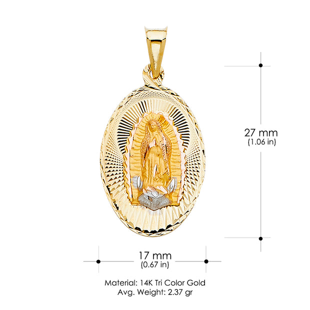 14K Gold Diamond Cut Guadalupe Stamp Charm Pendant with 1.4mm Round Wheat Chain Necklace