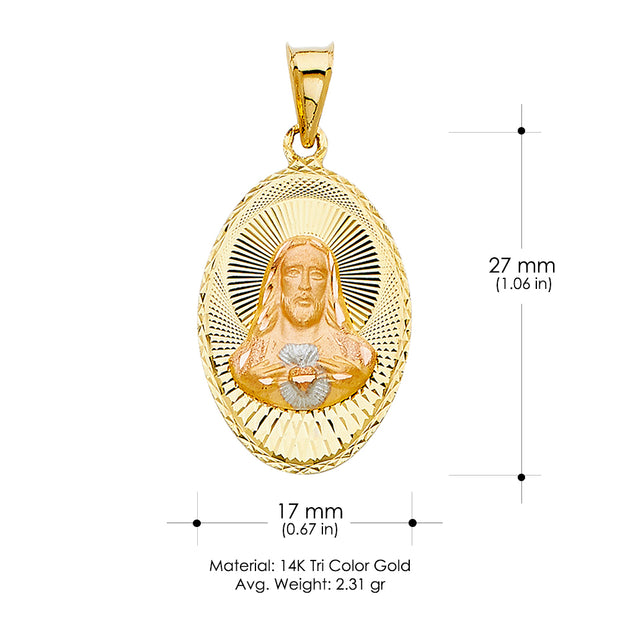 14K Gold Jesus Face Stamp Pendant with 2.3mm Figaro 3+1 Chain