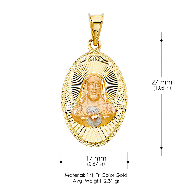 14K Gold Jesus Face Stamp Pendant with 2.3mm Figaro 3+1 Chain