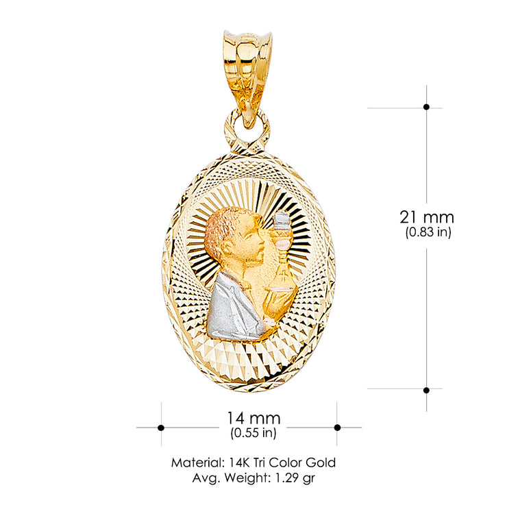 14K Gold Diamond Cut Communion Stamp Charm Pendant with 1.1mm Wheat Chain Necklace