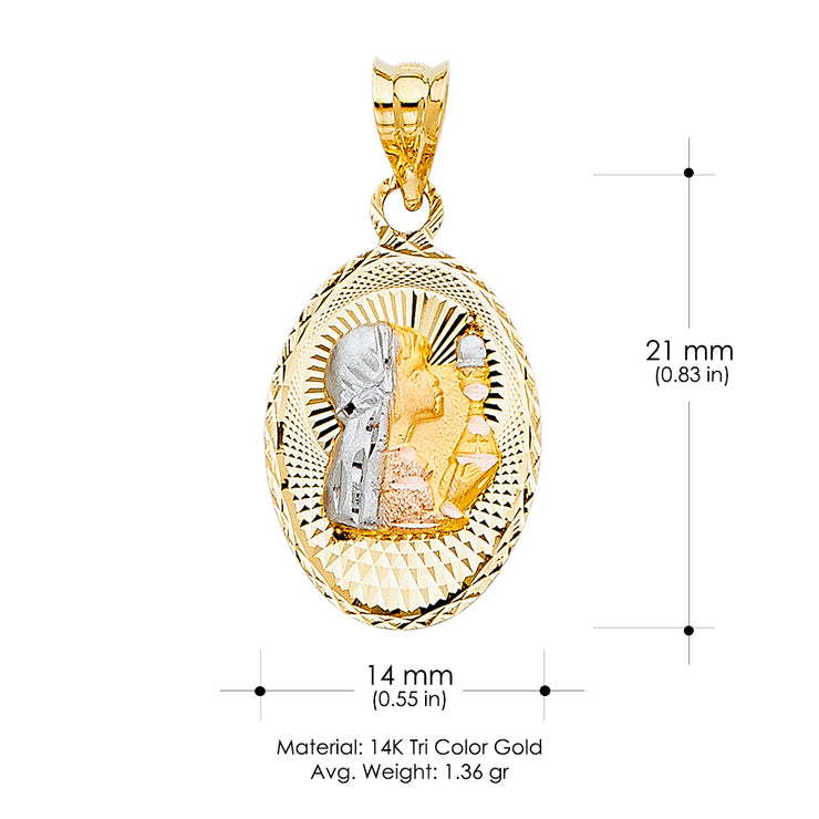 14K Gold Diamond Cut Communion Stamp Charm Pendant with 1.1mm Wheat Chain Necklace