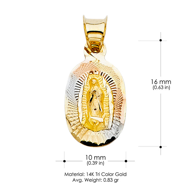 14K Gold Diamond Cut Guadalupe Stamp Religious Charm Pendant with 0.8mm Box Chain Necklace