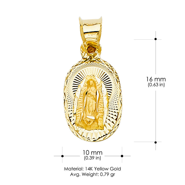 14K Gold Diamond Cut Guadalupe Stamp Religious Charm Pendant with 0.8mm Box Chain Necklace