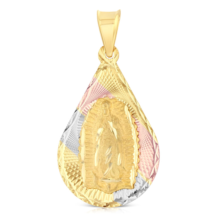 14K Gold Diamond Cut Guadalupe Stamp Charm Pendant with 1.4mm Round Wheat Chain Necklace