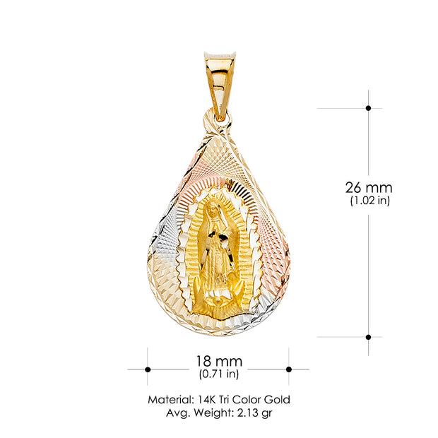 14K Gold Diamond Cut Guadalupe Stamp Charm Pendant with 1.4mm Round Wheat Chain Necklace