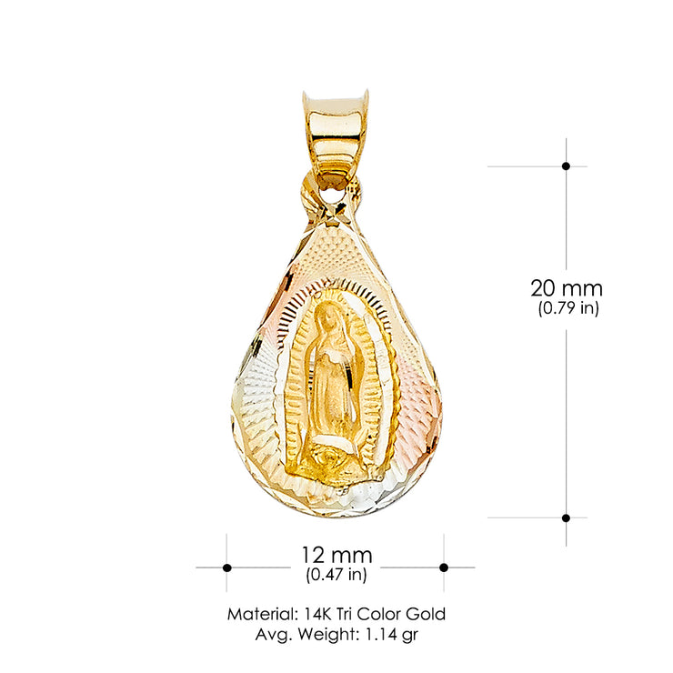 14K Gold Diamond Cut Guadalupe Stamp Religious Charm Pendant with 0.8mm Box Chain Necklace