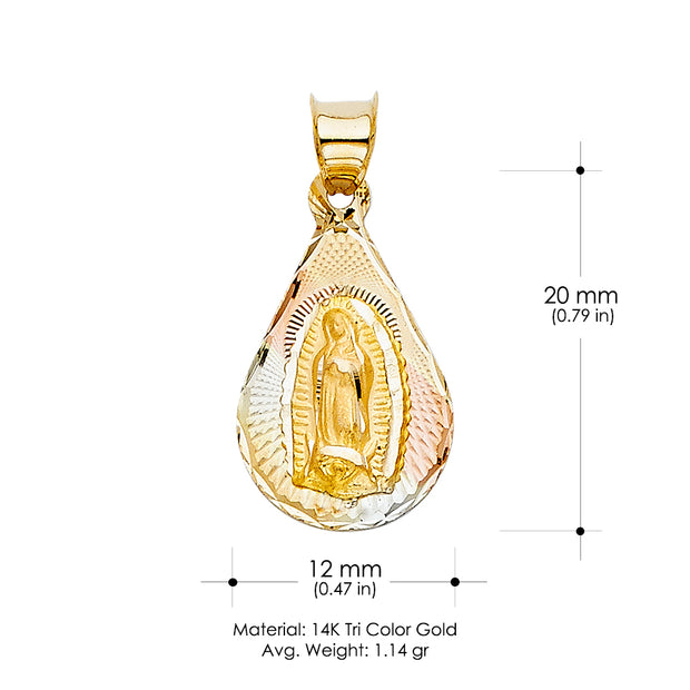 14K Gold Diamond Cut Guadalupe Stamp Charm Pendant with 1.1mm Wheat Chain Necklace